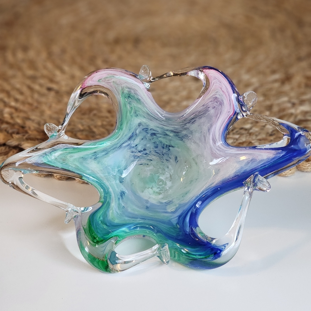 Murano Art Glass Lavorazione Arte Pastel Color Abstract Star Bowl Dish Decor